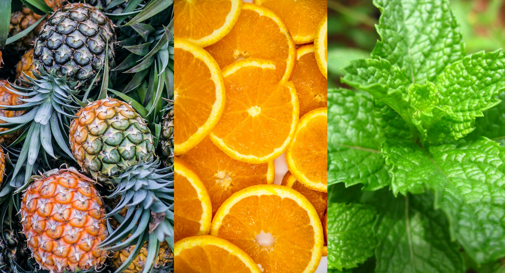 Comidas saudáveis abacaxi, laranja e hortelã