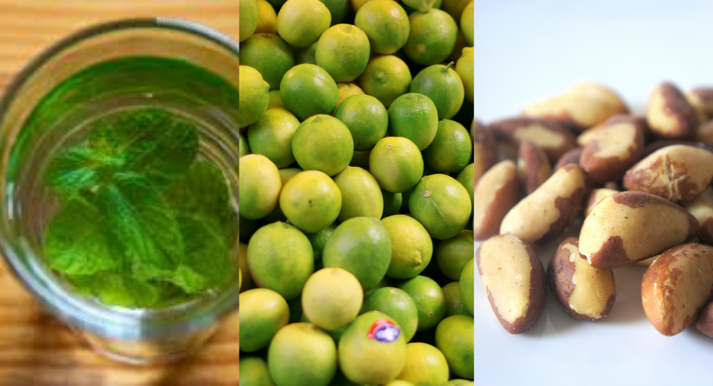Comidas saudáveis chá verde, limão e castanha do pará