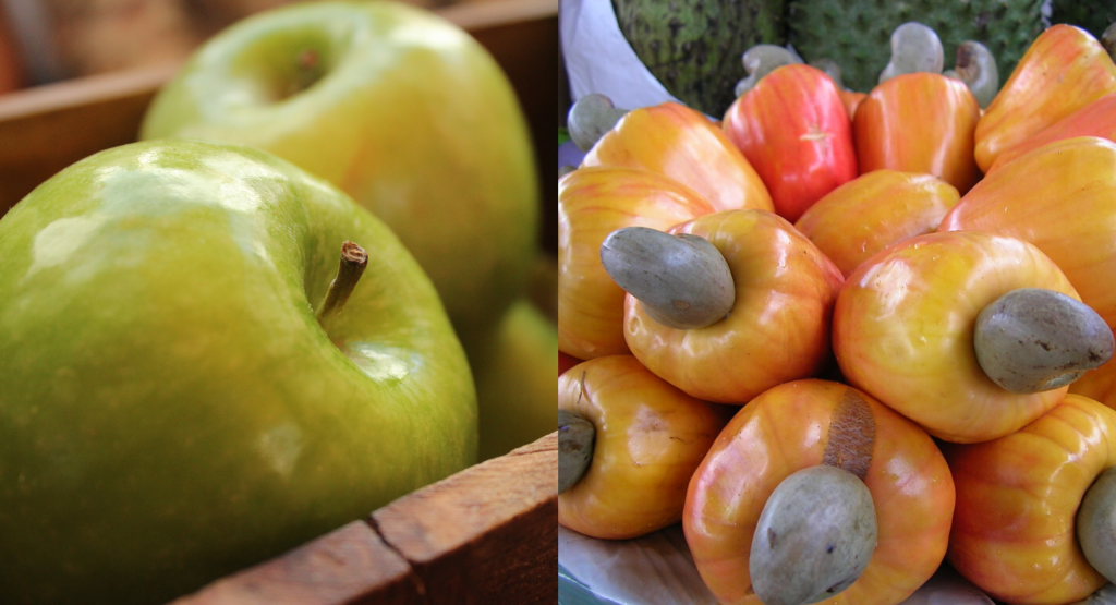 Comidas saudáveis maçã verde e caju